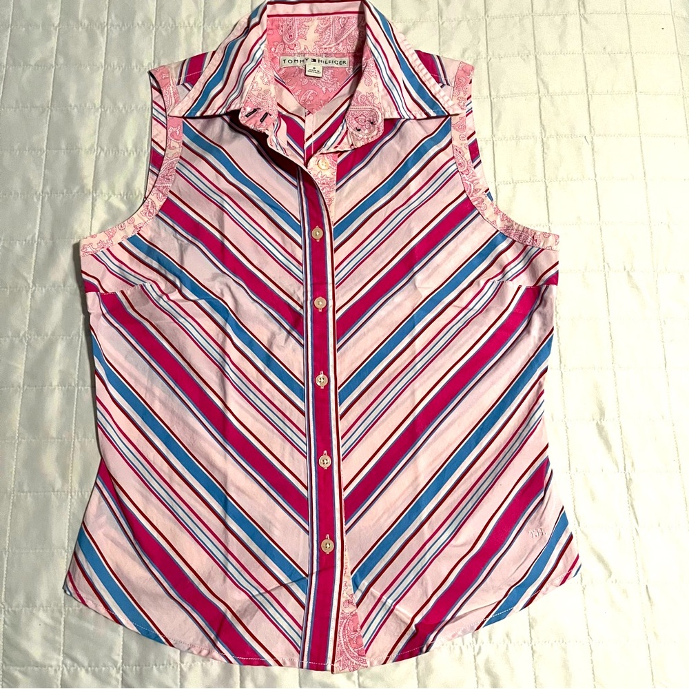Tommy Hilfiger Striped Sleeveless Paisley Collared Tank Top Pink Woman’s Sz 6